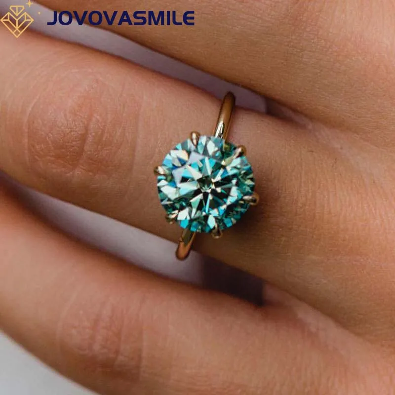 JOVOVASMILE Lab Grown Diamond Engagement Rings 4 Carat 10mm Round Brilliant Fancy Blue Moissanite 18k Gold 6-Prong Accessory