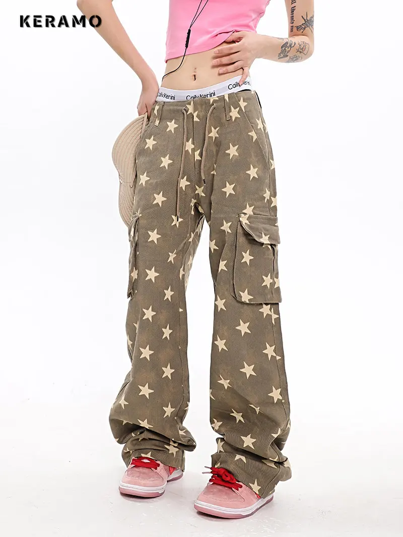 

Джинсы-карго женские с завышенной талией, повседневные мешковатые брюки из денима с широкими штанинами, с карманами, в винтажном стиле, уличная одежда в американском стиле, Y2K