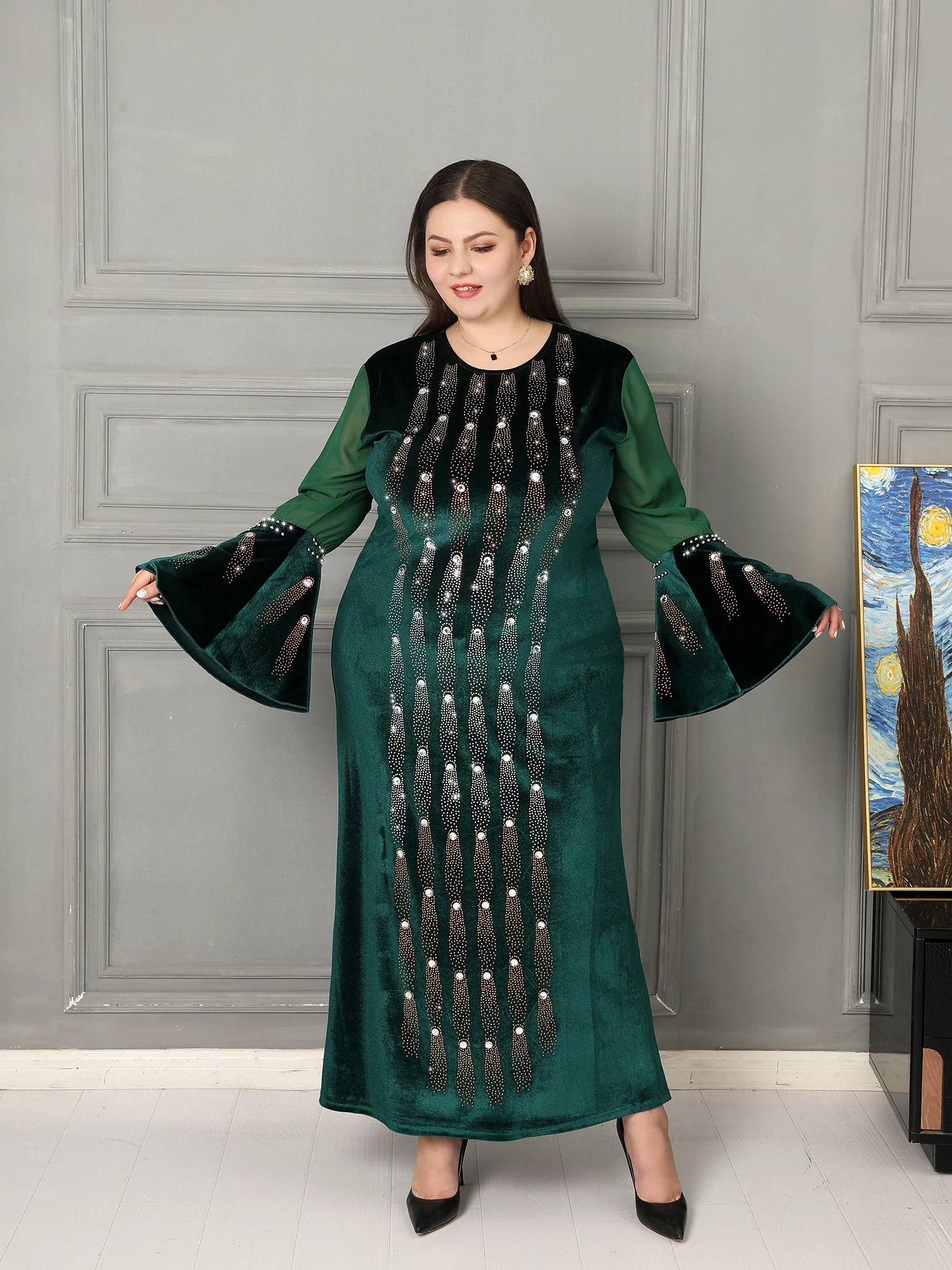 женская одежда турция платье женское вечернее мусульманская одежда Новинка 2021, зеленое мусульманское платье стразы, платье на день рождени...