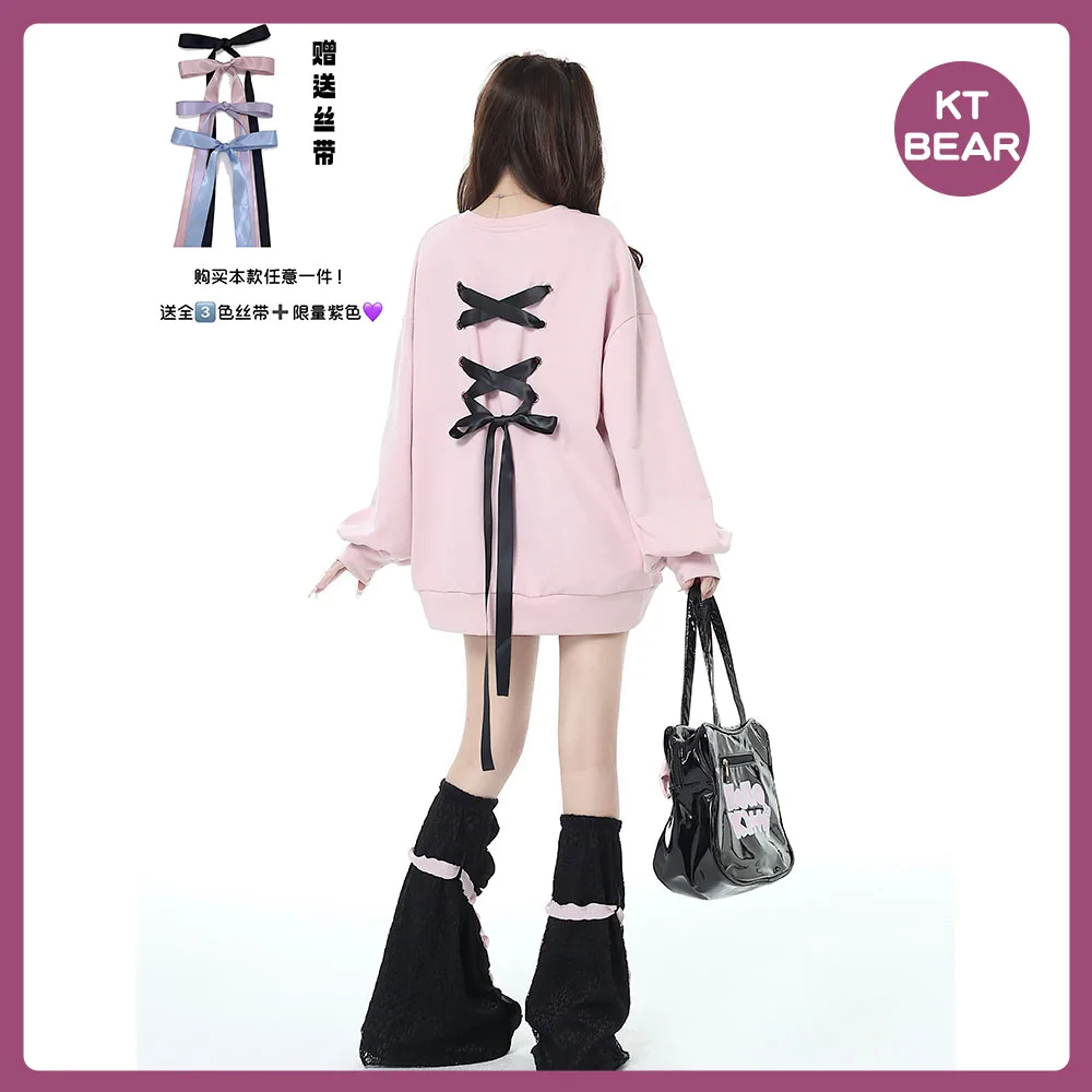 

2023 Y2K New Spice Girl Anime Demon Hoodies Off Shoulder Japanese Korean Style Sweet Cool Bow Round Neck Harajuku Women's Hoodie