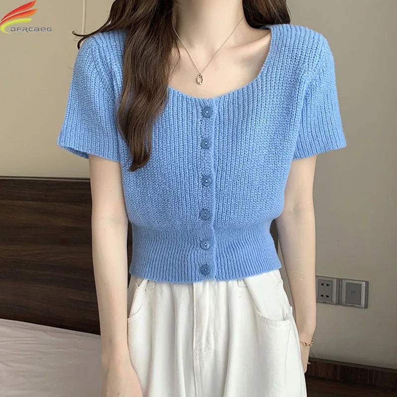 

DFRCAEG 2022 Summer Sweater Women's Pullover Korean Style Casual Single Button Slim Knitted Short Sleeve Crop Tops Femme