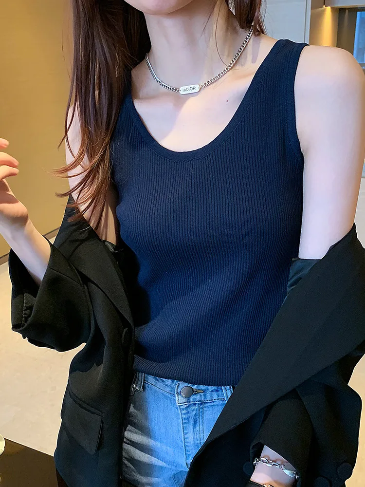 

Solid Color Knitted Camisole Sleeveless Women Summer Slim Fit Tank Top Ribbed Streetwear Women Summer Top