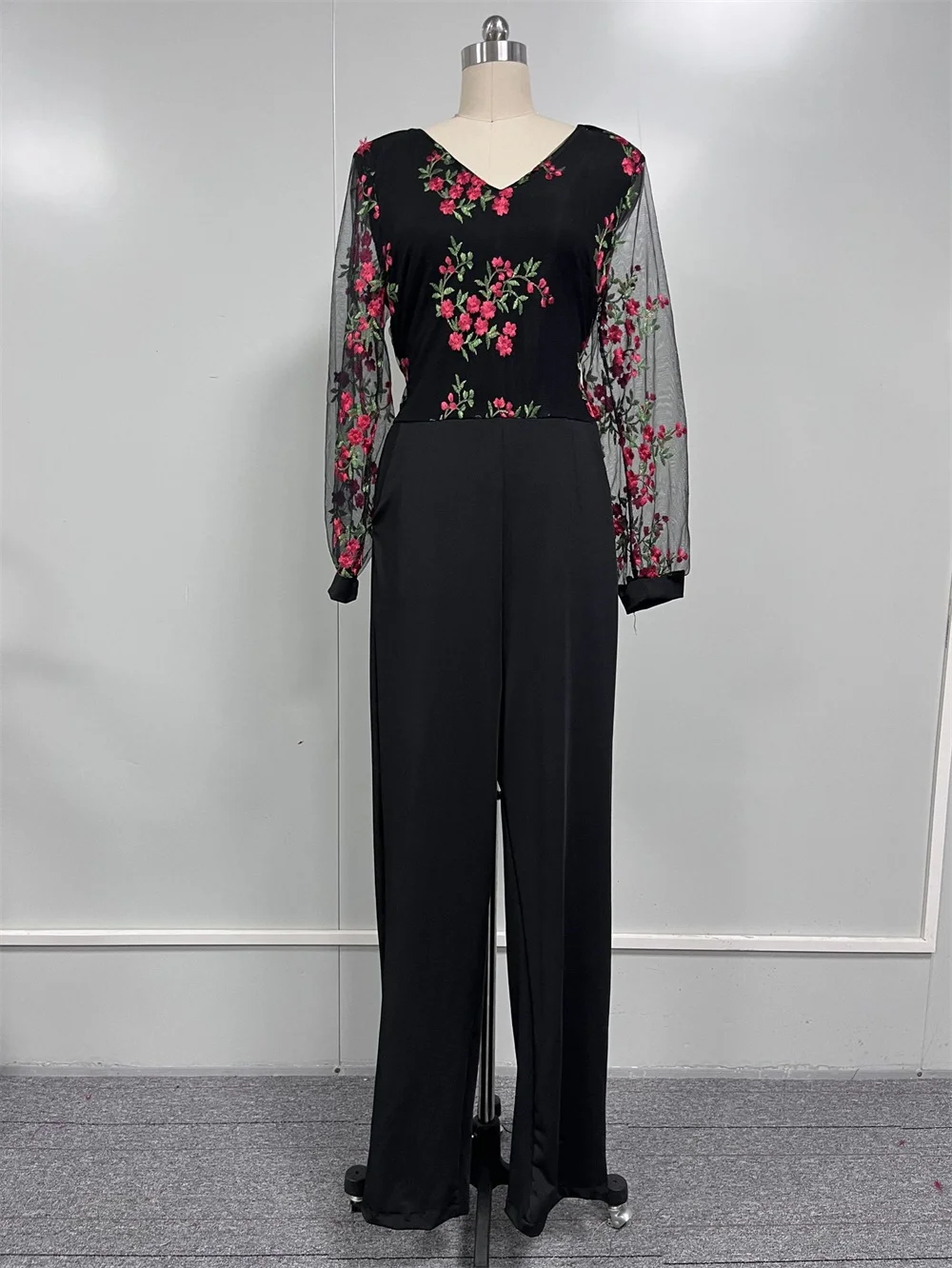 Elegant Jumpsuit Women 2023 Casual V Neck Mesh Hollow Embroidery Long Sleeve Overalls Female Slim Office Party Jumpsuit