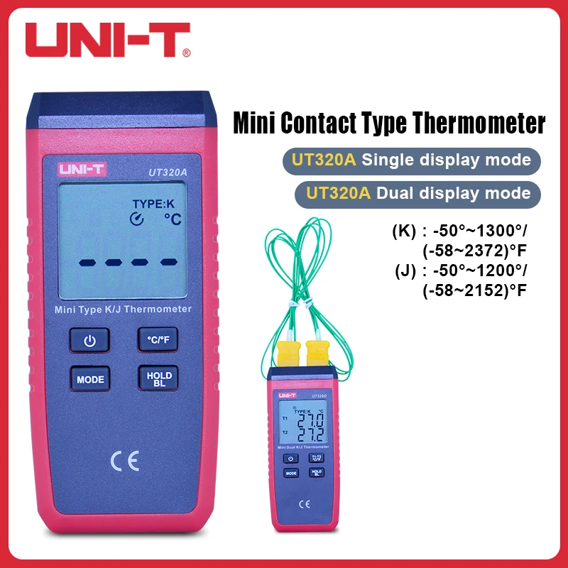 

UNI-T Мини цифровой двухканальный термометр K/J Тип термопары UT320A UT320D гигрометр измеритель температуры