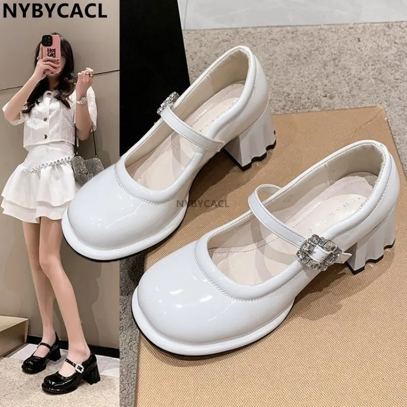 White Fashion Shallow Mouth High-heeled Women Pumps New French Retro Thick Heel Small Leather Shoe All-match Mary Jane Shoes New