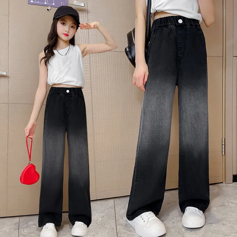 

2023 Spring Autumn Girls Jeans Vintage Denim Wide Leg Pants Kids Clothing Children Casual Solid Trousers For Teenager Clothes