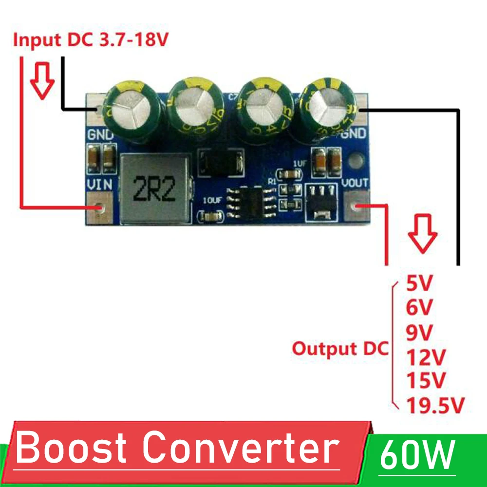 

60W DC-DC Boost Converter module 3.7V-18V to 5V 6V 9V 12V 15V 19.5V voltage regulator power for lead acid Lithium Battery