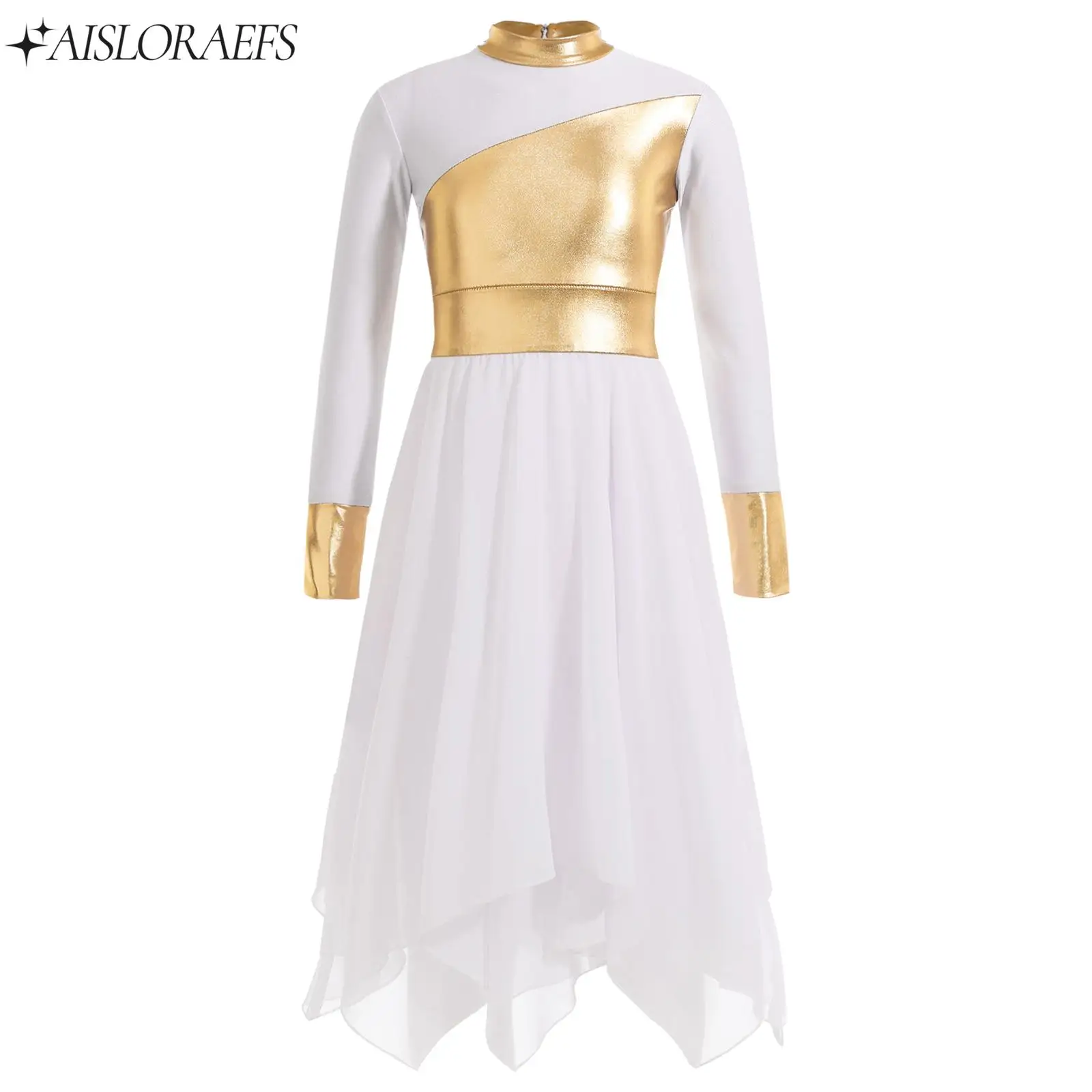 

Kids Girls Long Sleeve Ballet Dance Leotard Lyrical Dress Patchwork Modern Contemporary Performance Liturgical Praise Costume