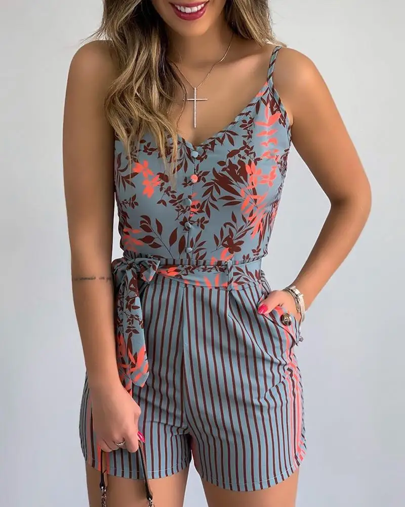 Vintage Jumpsuit Rompers Bohemian Women Floral Print Elestic Boho Ladies V Neck Short Sleeve Tassel Beach Jumpsuits Body Tops
