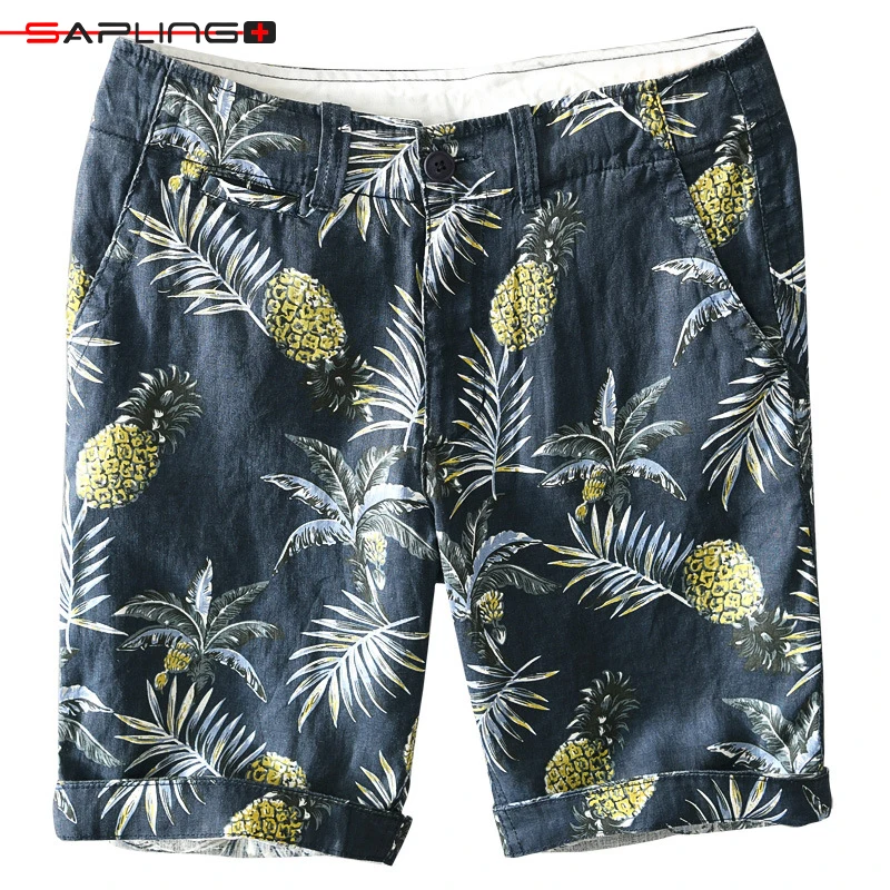 

Summer New Men's Shorts Trousers Flower Print Linen Shorts Beach Pants Men Breathable Loose Short Pants Men Straight Mid Waisted