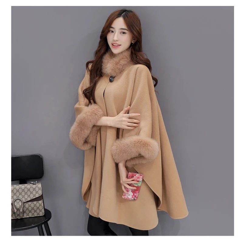 

Winter Womens Cloak Big Fur Collar Plus Size Wool Coat Long Wool Coat Long Winter Jackets Wool Coats Outerwear Woolen Blend 2023