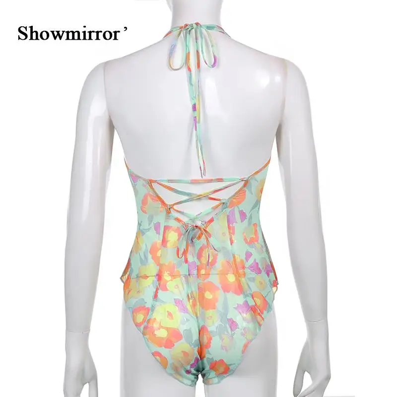 Showmirror милый сетчатый цветочный принт с открытой спиной женский облегающий