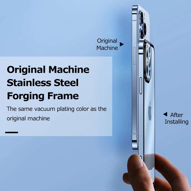 Metal Phone Cases For iPhon 12 13 14 Plus Pro Max Stainless Steel Frame Transparent Matte Glass Back Cover Metal Lens Protection