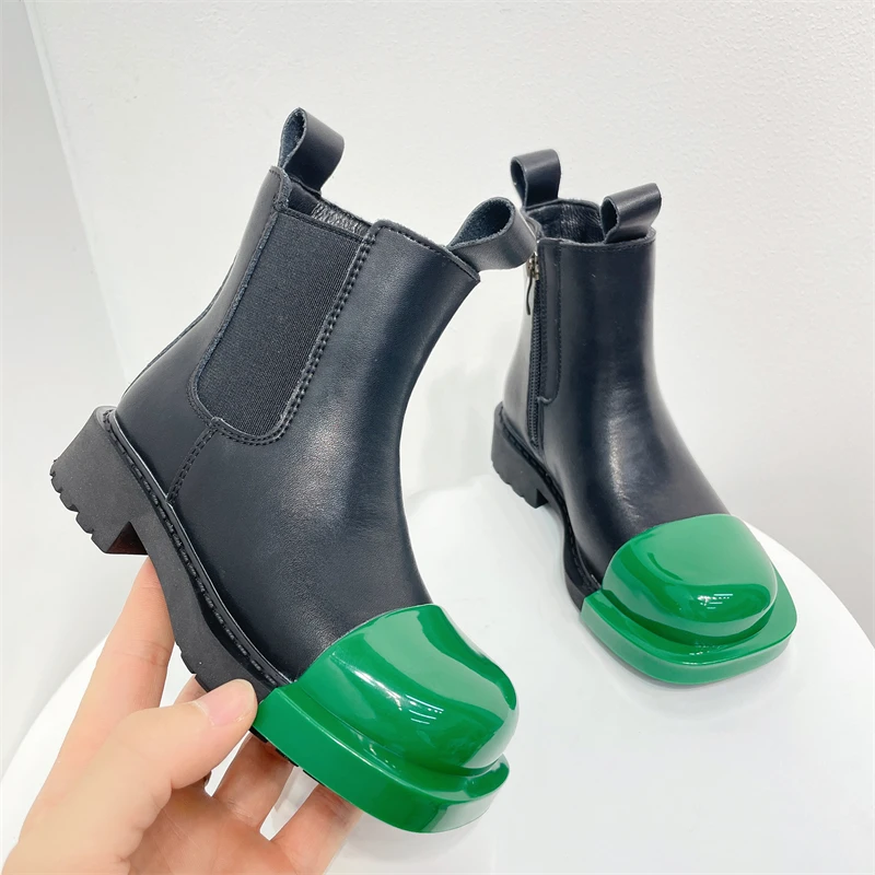 

New Children Martin Boots Boys Autmn Fashion Color Matching Square Head Girls High Quality Ankle Boots Kids Shoes 02C