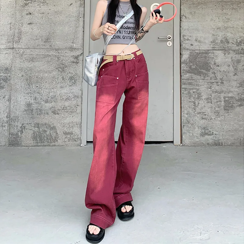 Boyfriend Style Streetwear Y2k Baggy Jeans Women Loose Denim Trousers High Waist Vintage Washed Wide Leg Straight Red Pants