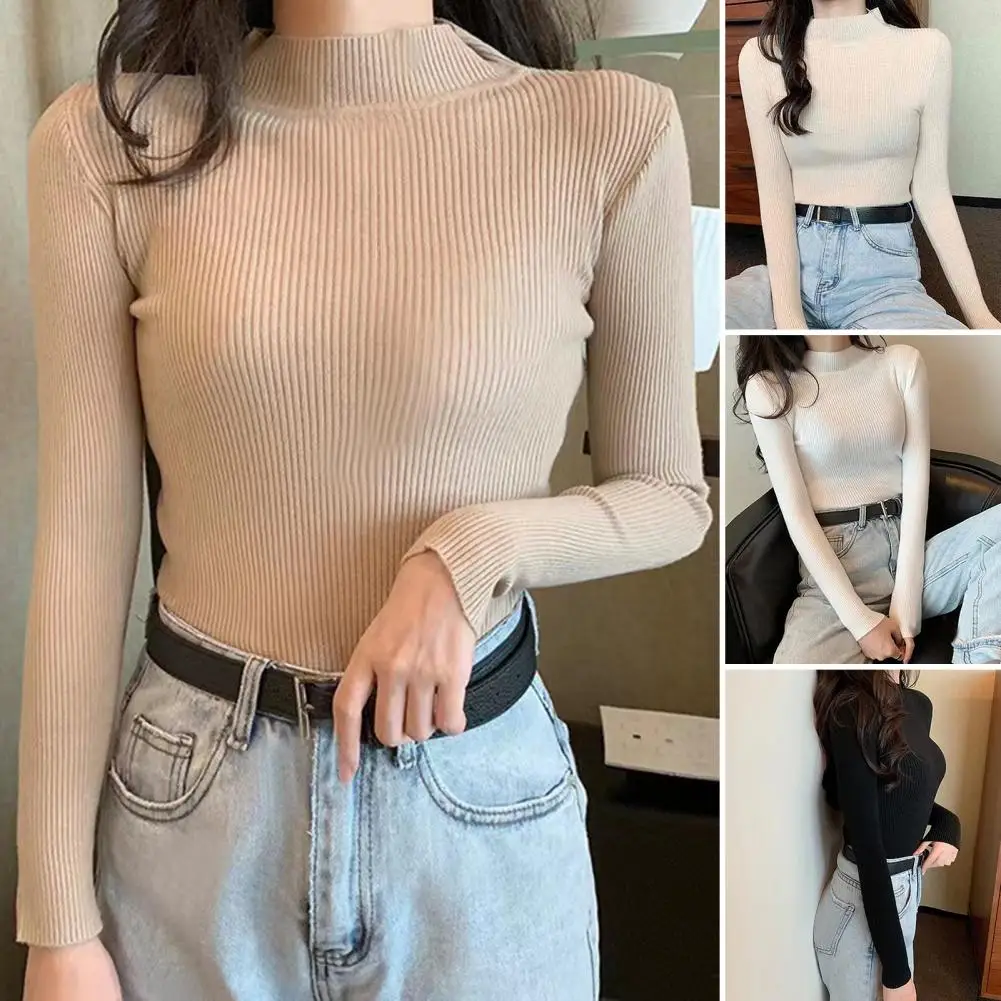 

Популярная вязаная блузка, универсальный Женский пуловер в рубчик, однотонный простой вязаный Топ, толстый трикотажный топ для поездок