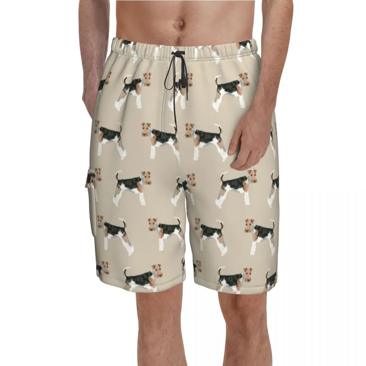 

Wire Fox Terrier Board Shorts Hot Dog Pattern Dog Lover Print Beach Short Pants Male Elastic Waist Print Swim Trunks Large Size