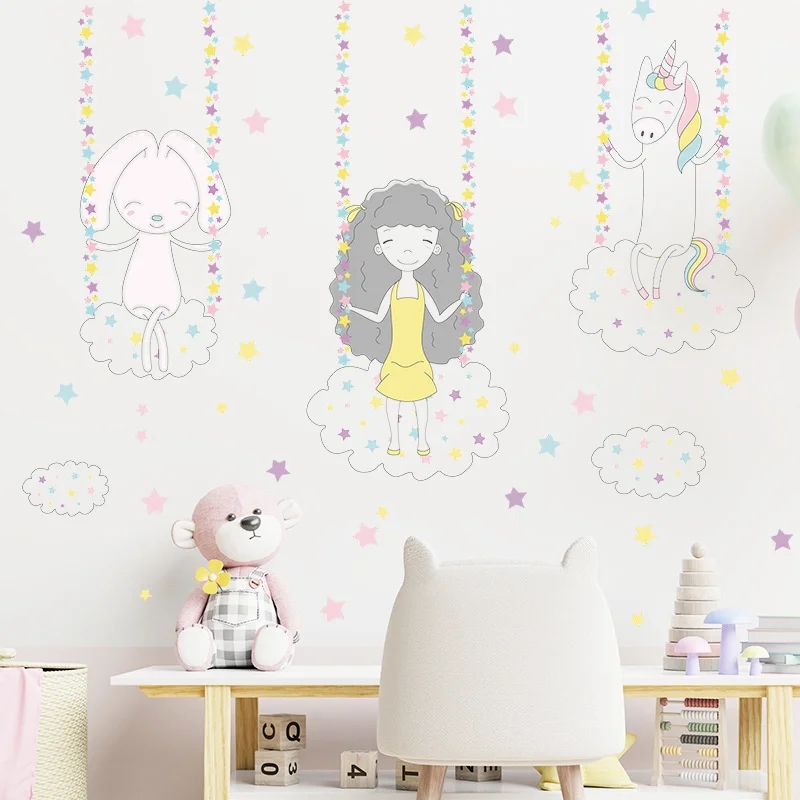 

Cartoon Rabbit Unicorn Lonely Girl Swing Cloud Star Home Decoration Cute Light Color Macaron Wall Stickers For Kids' Bedroom