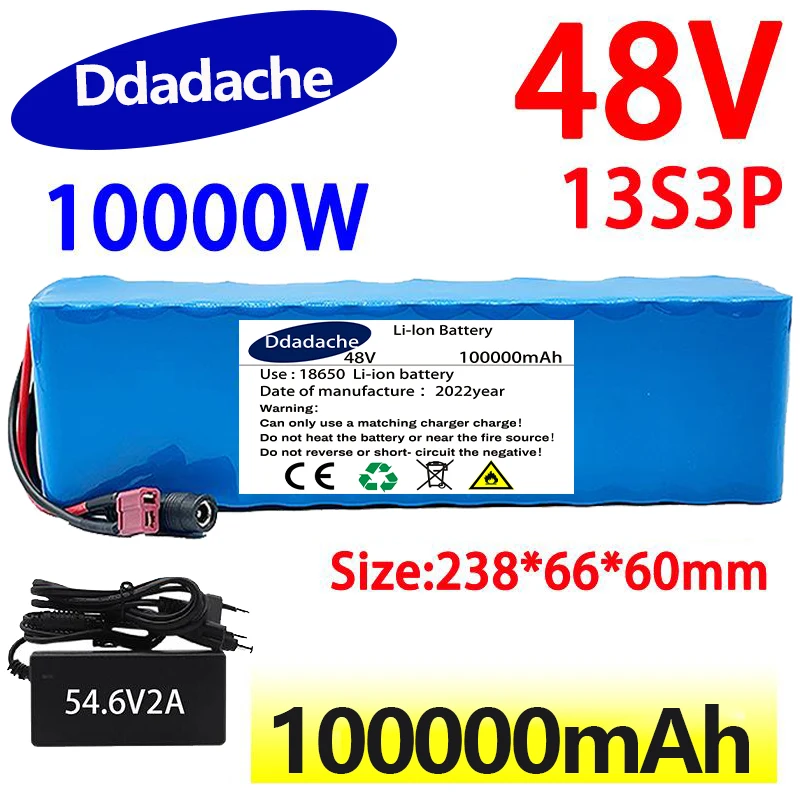 

New 48V 100000mAh 1000w 13S3P 48V Lithium ion Battery Pack 100Ah For 54.6v E-bike Electric bicycle Scooter with BMS+charger