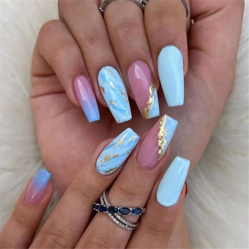 

Fashion Pink Blue Blooming French Tips Coffin Fake Nail Tips With Designs Ballerina False Nail Set Press On Nail DIY Manicure