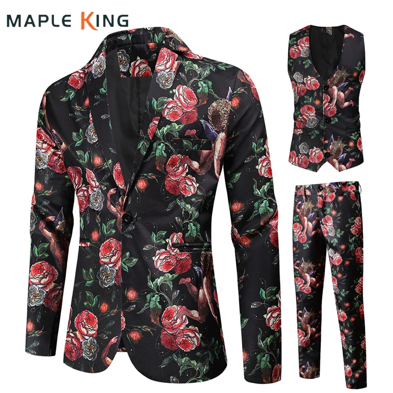 Conjunto de chaqueta de talla grande para hombre, traje de alta gama con estampado de flores rosas, chaquetas, chaleco y pantalones ajustados para fiesta de boda