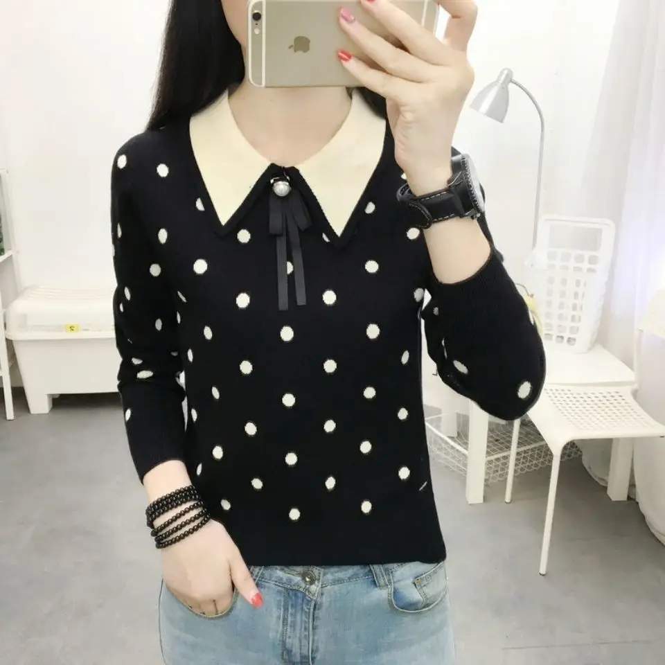 

Black Jap Dot Spring Fall Winnter Student Lady Pullover Warm Sweater Women's Sweaters Women Girl Pull Slim Top Outer Coat Cloth