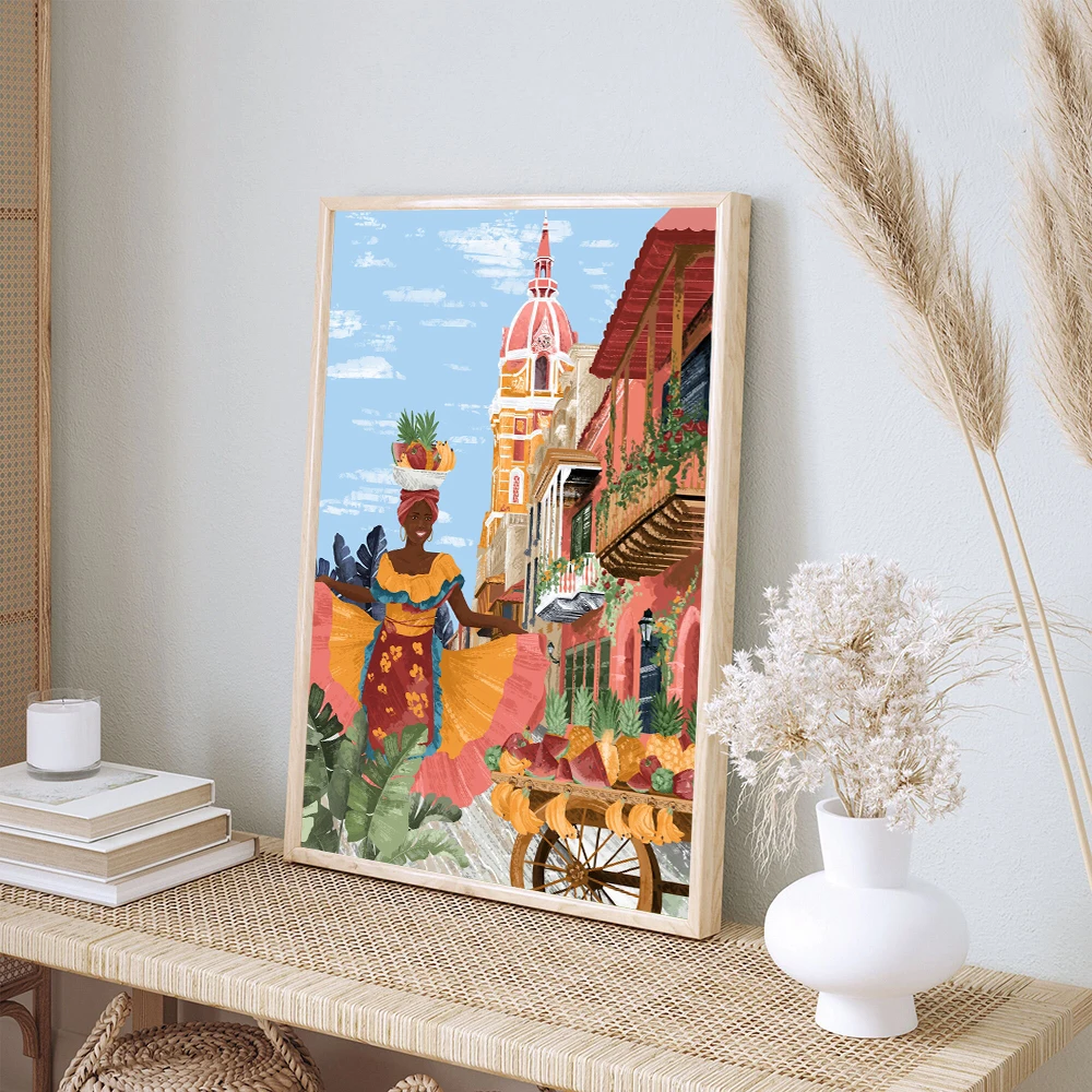 

Дорожный настенный плакат из Индии, иллюстрация зданий в индийском стиле, богемский холст, печать индейцев, фермеров, живопись, комната, дом...