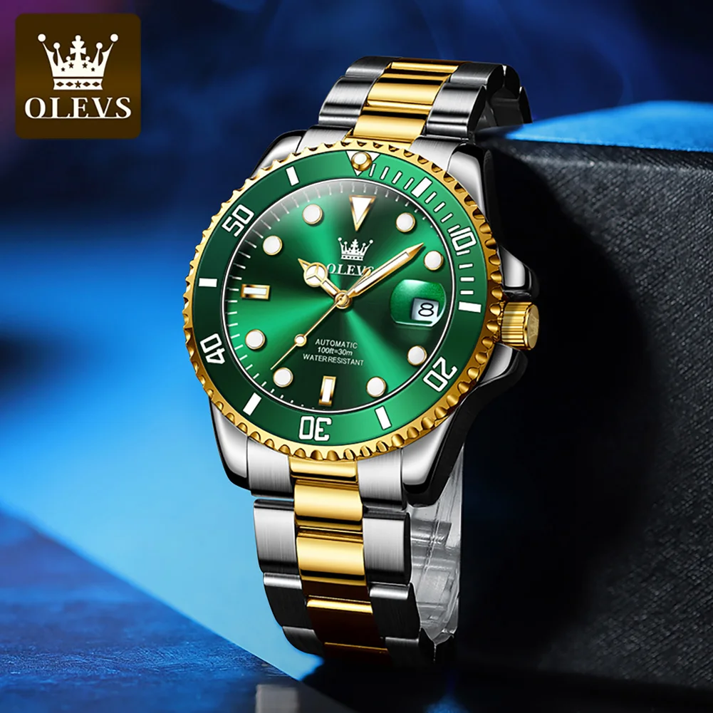 OLEVS New Fashion Men Green Water Ghost Watch Stainless Steel Strap Automatic Mechanical Watch Calendar Display Waterproof 6650