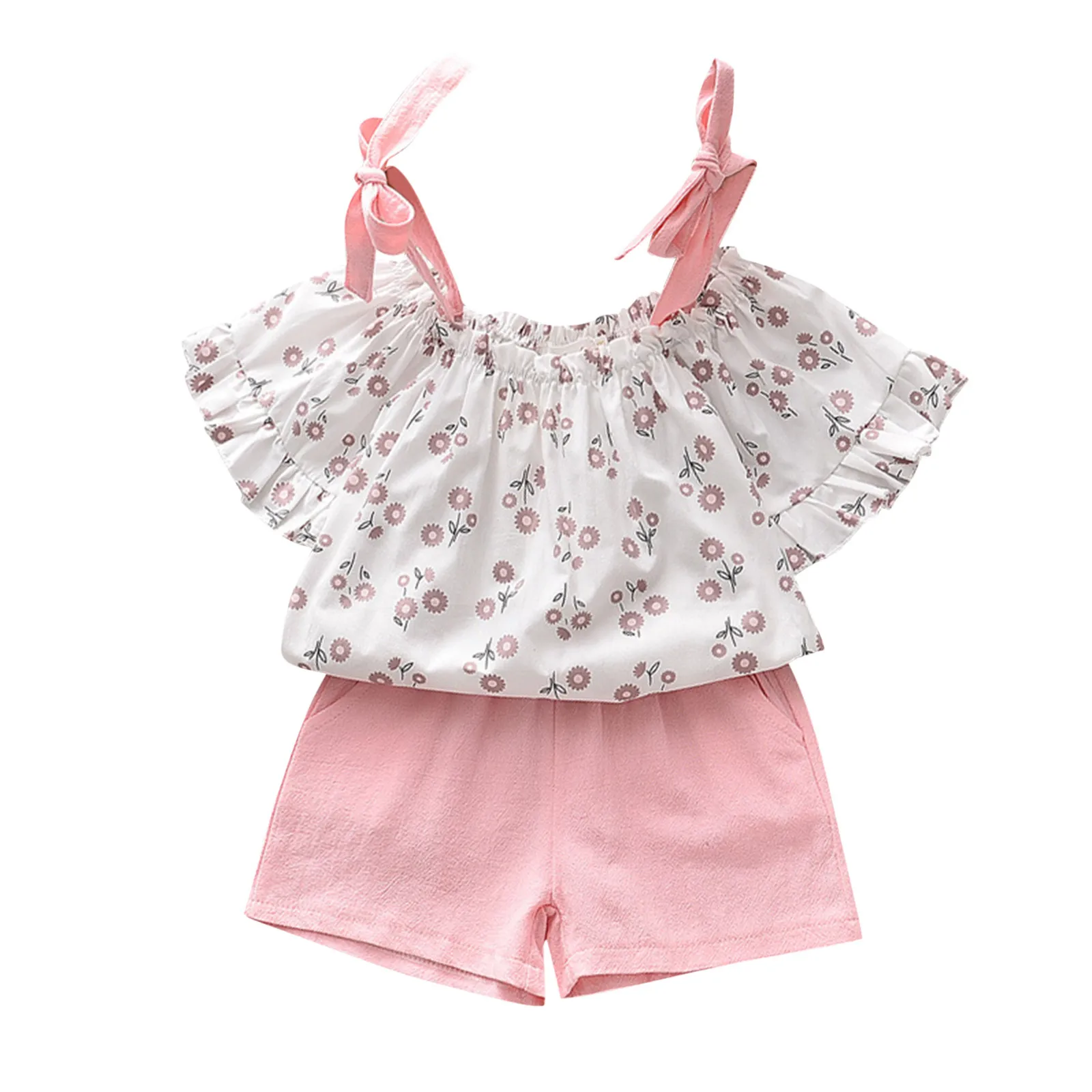 

T-Shirt Shoulder Casual Baby 2PCS Sling Girls Summer Outfits Princess Tops+Shorts Toddler Born Set Teen Fashion Clothing