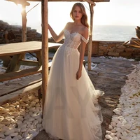 elegant wedding dress exquisite appliques beading a line sexy off the shoulder tulle prom gown simple robe de mariee women