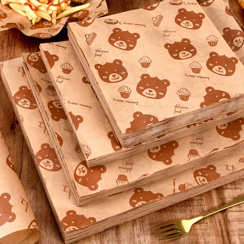 

500Pcs Square Cartoon Bear Printed Disposable Food Packaging Greaseproof Paper Dinner Plate Pad Sandwich Wrapping Baking Tray