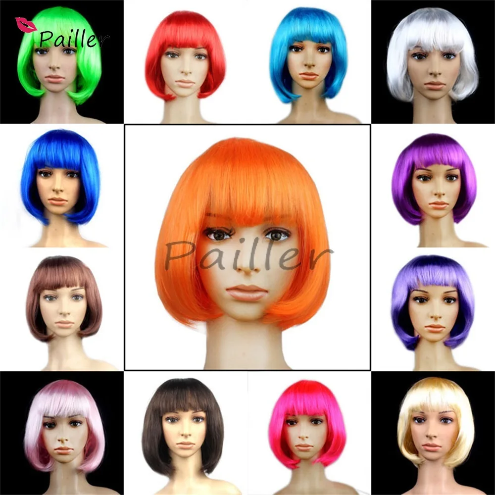 

Synthetic Short Bob Straight Hair With Trimmable Bangs Lolita Pink Red Blue Purple Green Orange Cosplay Wig For Women Short Wigs
