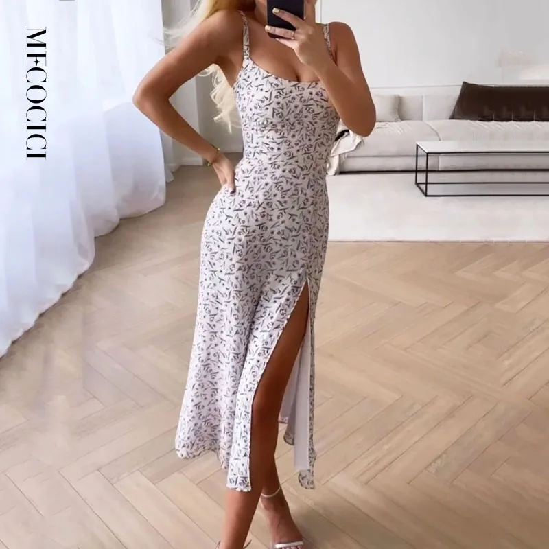 

MECOCICI Women Printed Dresses Summer Fashion Casual Sling Sleeveless Loose Elegant Vacation Beach High Street Clothing Evening