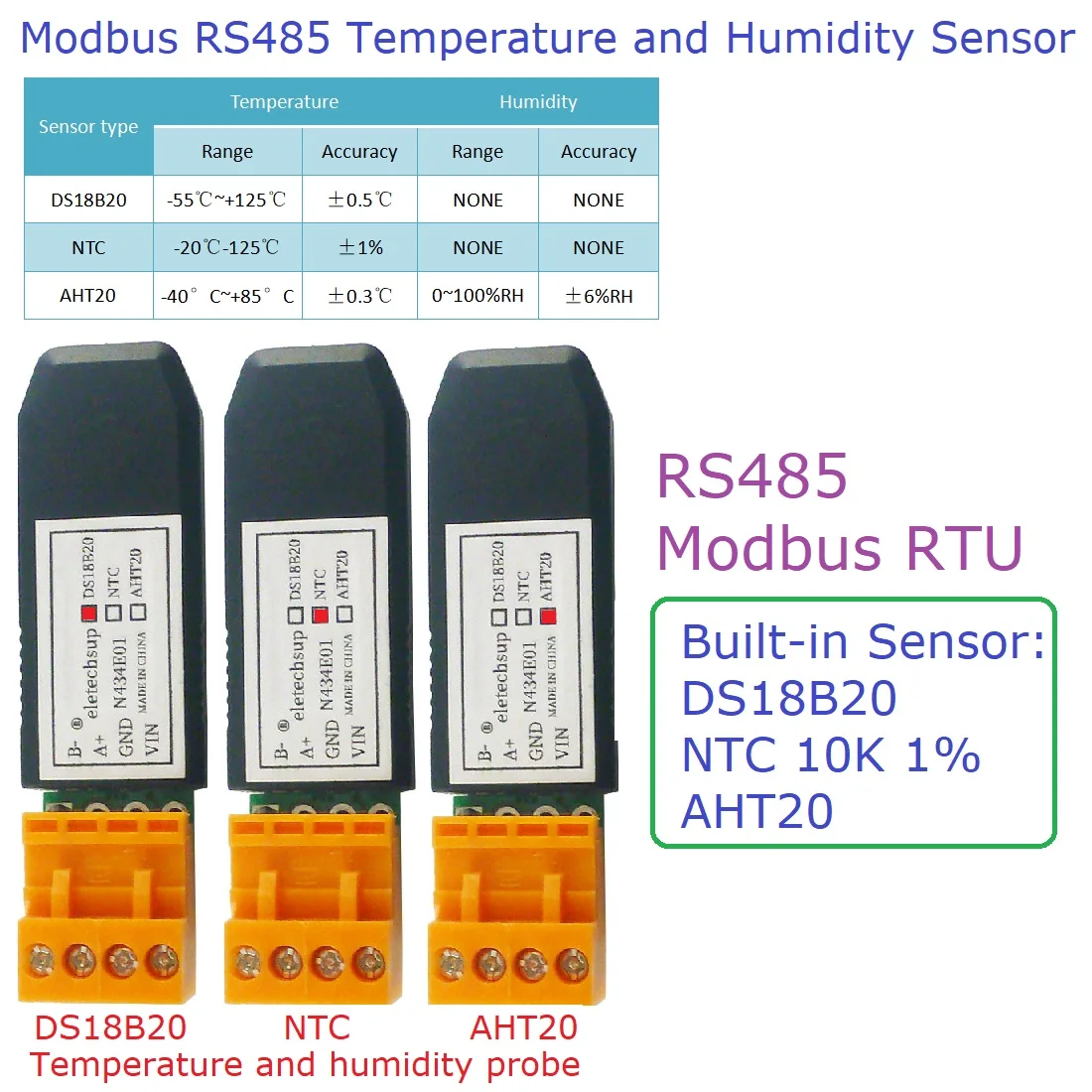 Встроенный датчик температуры и влажности DS18B20/NTC/AHT20 RS485 2 шт. Modbus RTU ПЛК сенсорная