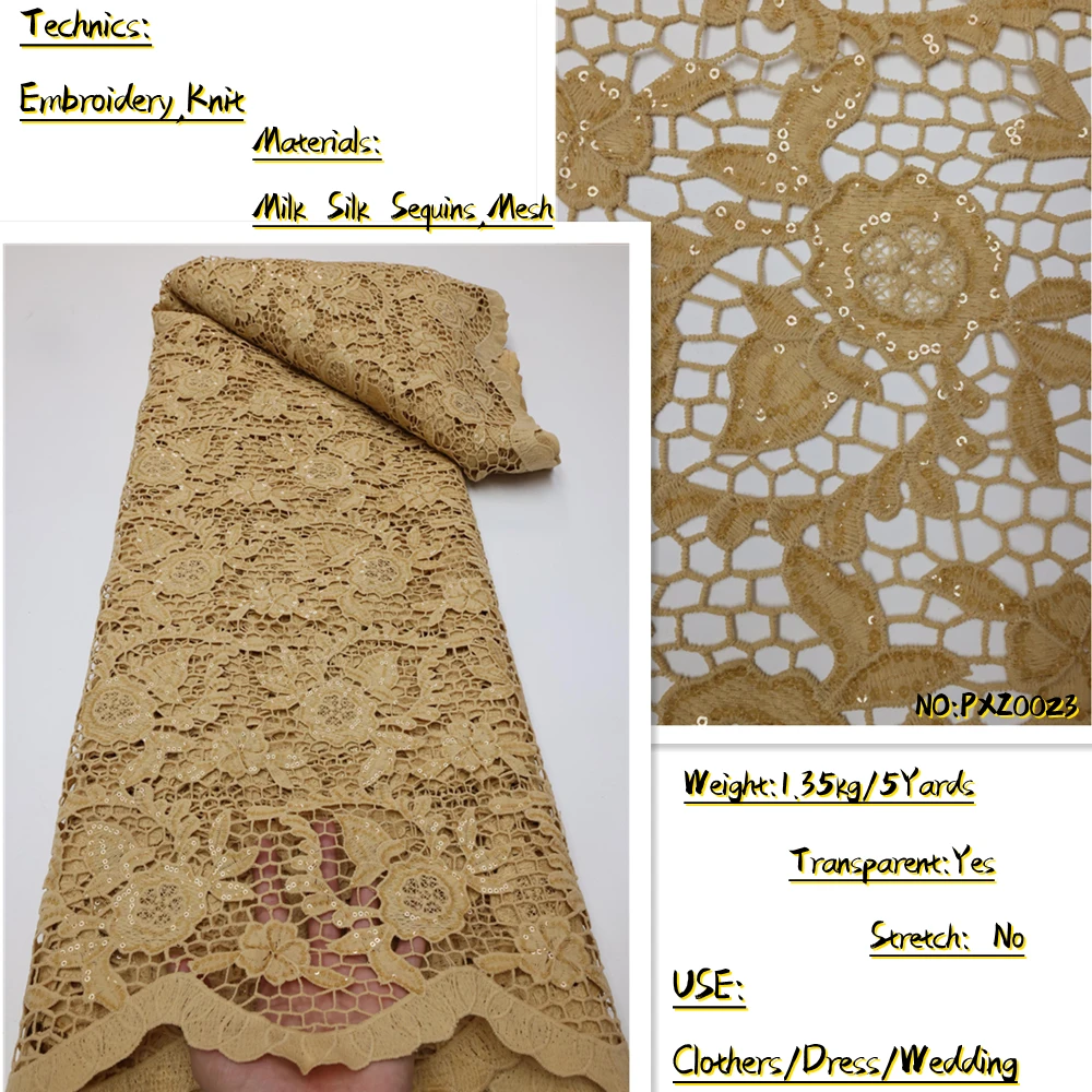 

OEMG Fashion african Embroidered Sequins Mesh Milk silk Lace fabric Top quality Sewing Material For Wedding Party Dress PXZ0023