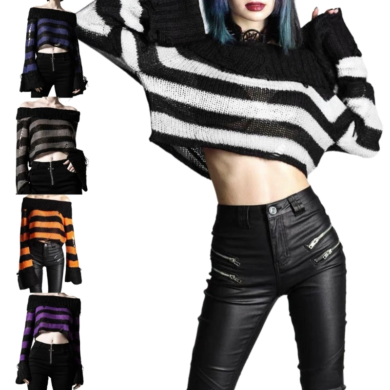 

Off Shoulder Sweater Women Hollow Knit Striped Loose Pullover Jumper Crop Top