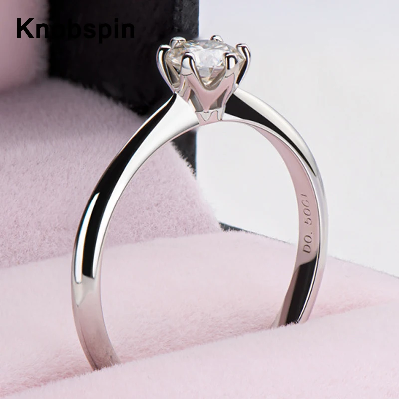 

Knobspin Real D-Color 0.5ct Moissanite 925 Sterling Silver 18k White Gold Engagement Rings For Women Cocktail Party Fine Jewelry