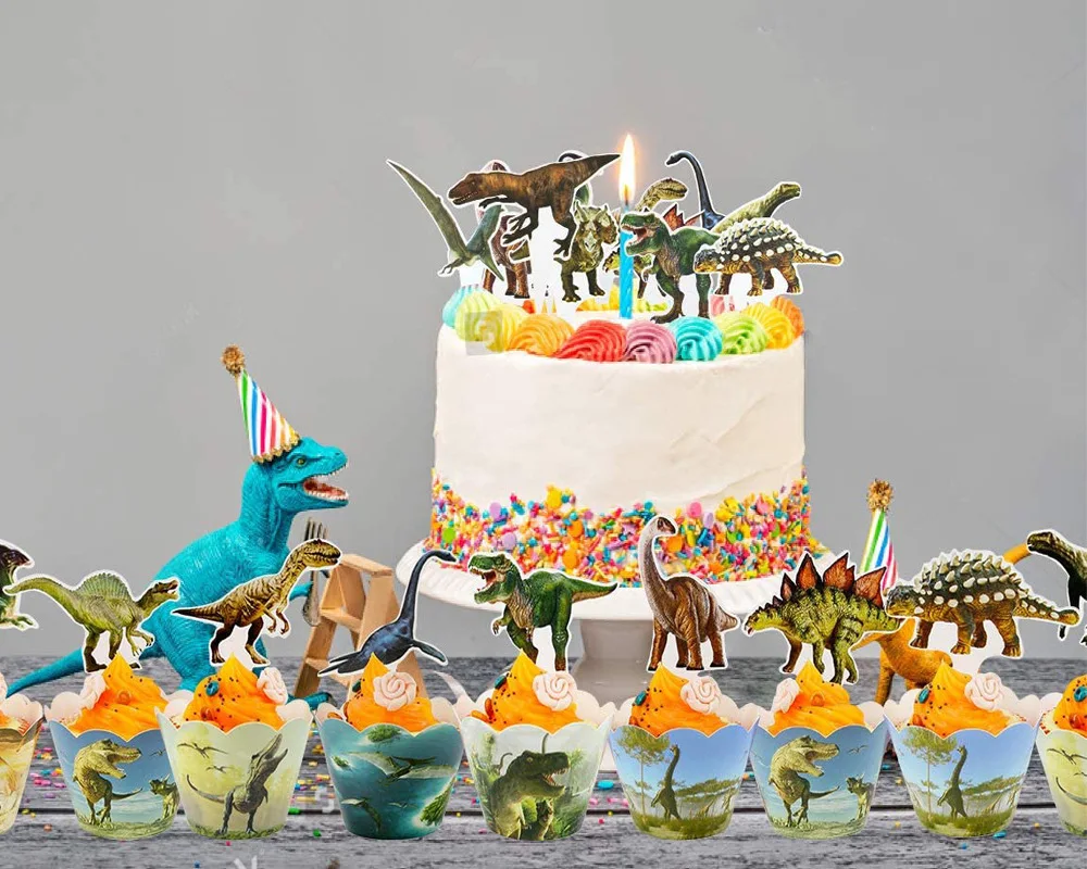 

24 Pcs/lot Dinosaurs Happy Birthday Cupcake Toppers Animal Birthday Cake Topper for Baby Birthday Party Cupcake Decorations