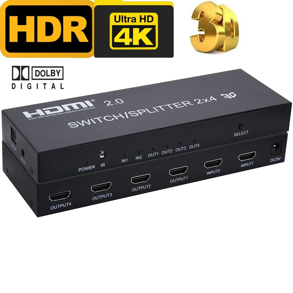 

UHD 4K 60Hz HDMI Switch Splitter 2X2 HDMI 2.0 Splitter 2x4 5.1CH Audio Extractor HDMI toslink spdif audio converter splitter