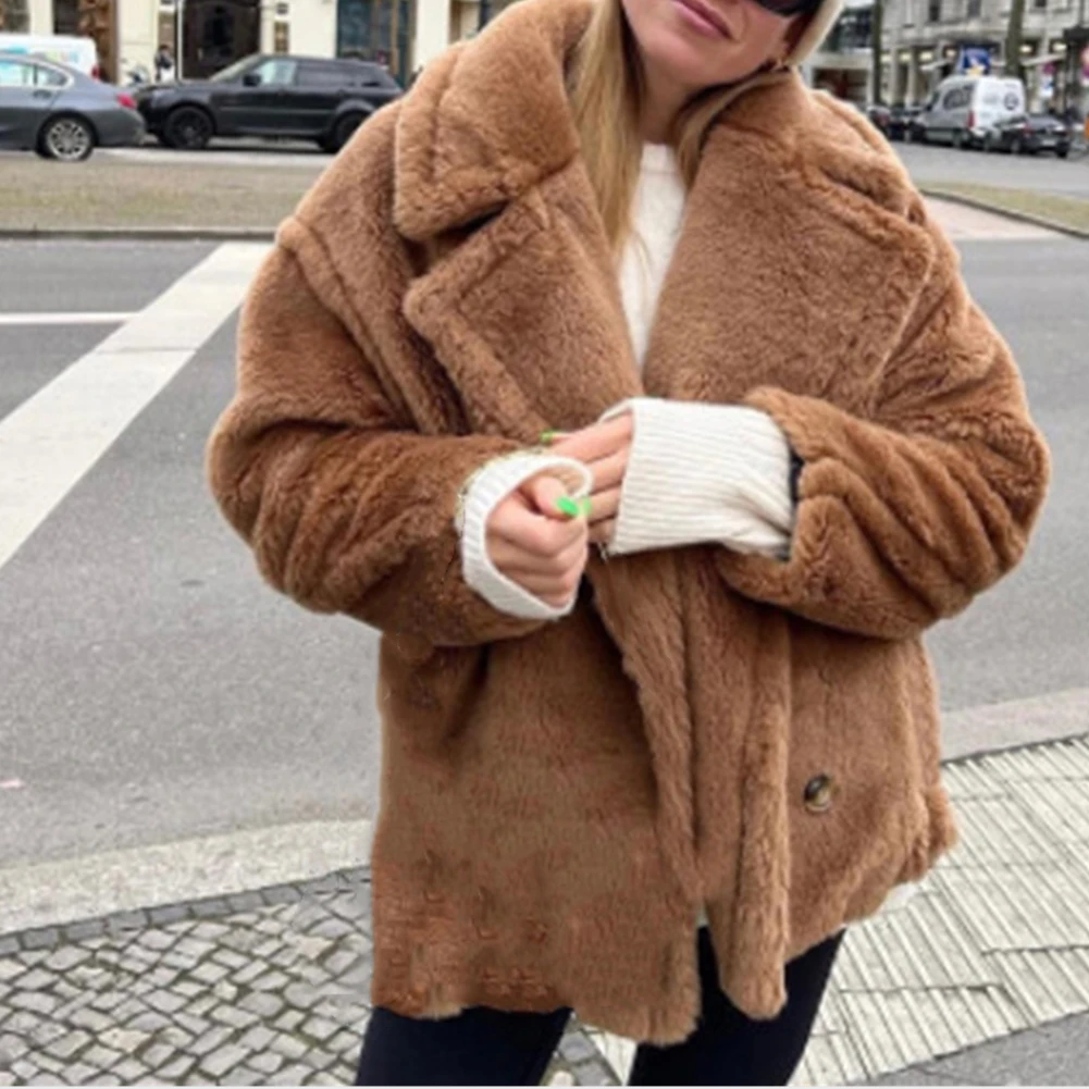 Women Winter Oversize Thick Faux Fur Coat Jacket Long Sleeve Turn Collar Fox Fur Coat Outwear Ladies Lamb Wools Coat Overcoat