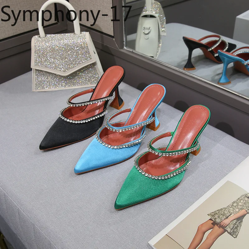 

2021 Rhinestones satin Women Pumps Slippers Elegant Pointed toe High heels Lady Mules Sildes Summer Fashion Party prom Shoes