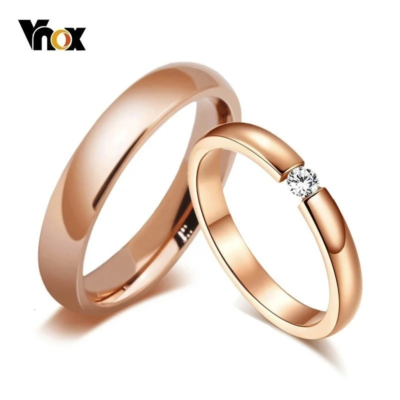 

Vnox Trendy Bright 585 Rose Gold Color Engagement Rings for Couples Stainless Steel with CZ Stone Men Women Wedding Bands