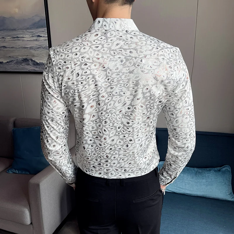 Leopard Print Shirt for Men British Style Slim Long Sleeve Casual Shirt Business Dress Clothing Social Party Streetwear Blouse
