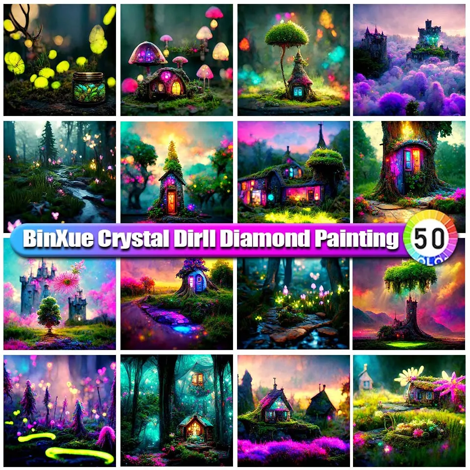 

BinXue Scenery Full 100% Round Crystal Diamond Painting Forest Trees Handmade DIY Mosaic Flower Mushroom Cottage Home Decor Gift