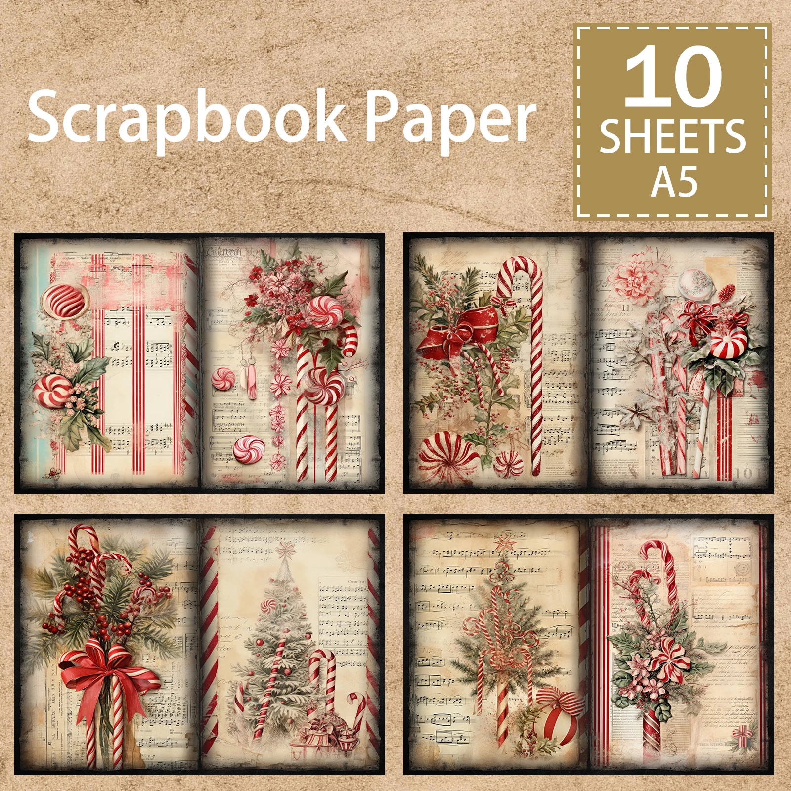 10 листов формата А5 рождественские конфеты холли музыкальный фон винтажный