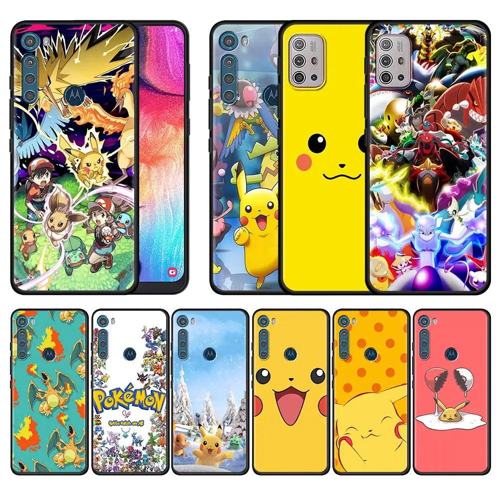 

Black Phone Case for Motorola Moto G30 G60 G9 Play One Fusion G8 Power E6s Flexible Coques One Hyper Sac Pikachu Animation