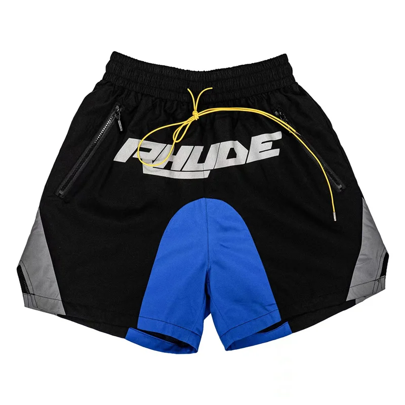 Rhude Shorts 3m Reflective Color Blocking Logo Printed Mesh Men's And Women's Shorts Black S-XL
