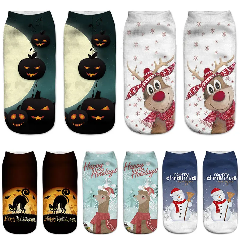 

Рождественские, Хэллоуин, новые, забавные, милые, с 3D-принтом лося, Санта-Клауса, тыквы, ведьмы, творческие, унисекс, короткие носки до щиколот...