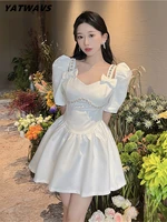 high quality designer white mini dress women short sleeve diamond bow slim party dresses summer korean sweet femme robes vestido