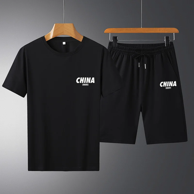 2023 New National Fashion Letter Printed Cotton Short-Sleeved T-shirt Men's Loose Shorts Two-Piece Set Hot Sale Set